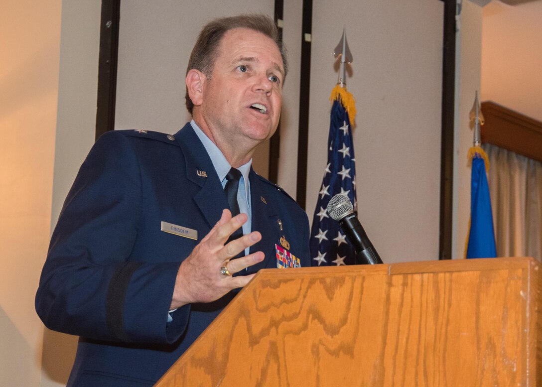 Brig. Gen. J. Steven Chisolm, Air National Guard Assistant to the U.S. Air Force Chief of Chaplains, speaks during the annual National Prayer Luncheon at Joint Base Andrews, Md., April 4, 2017. Chisolm spoke about the importance of spiritual fitness to a healthy lifestyle. In addition to the guest speaker, the event consisted of group prayer, a meal and music by the U.S. Air Force Band. (U.S. Air Force photo by Senior Airman Jordyn Fetter)