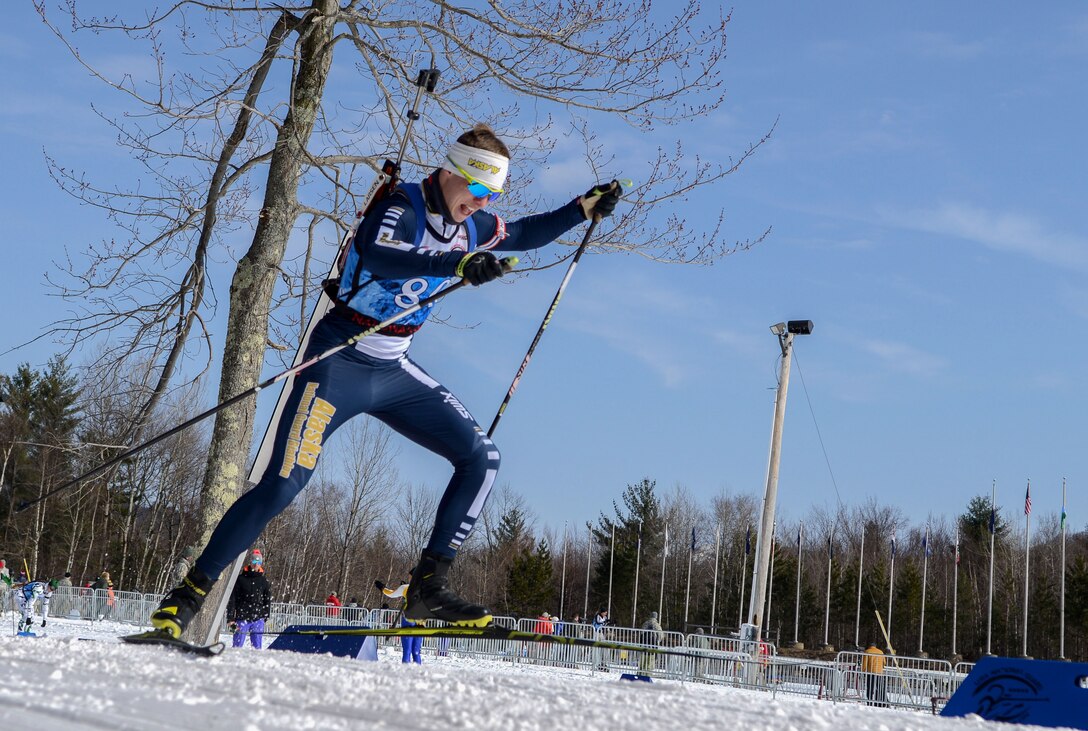 Army Pfc. Travis Cooper of the Alaska National Guard starts the 12.5-kilometer pursuit race during the 2017 U.S. Army National Guard Biathlon Championships held at Camp Ethan Allen, Vt., March 6, 2017. Army photo by Sgt. Jose A. Torres Jr.