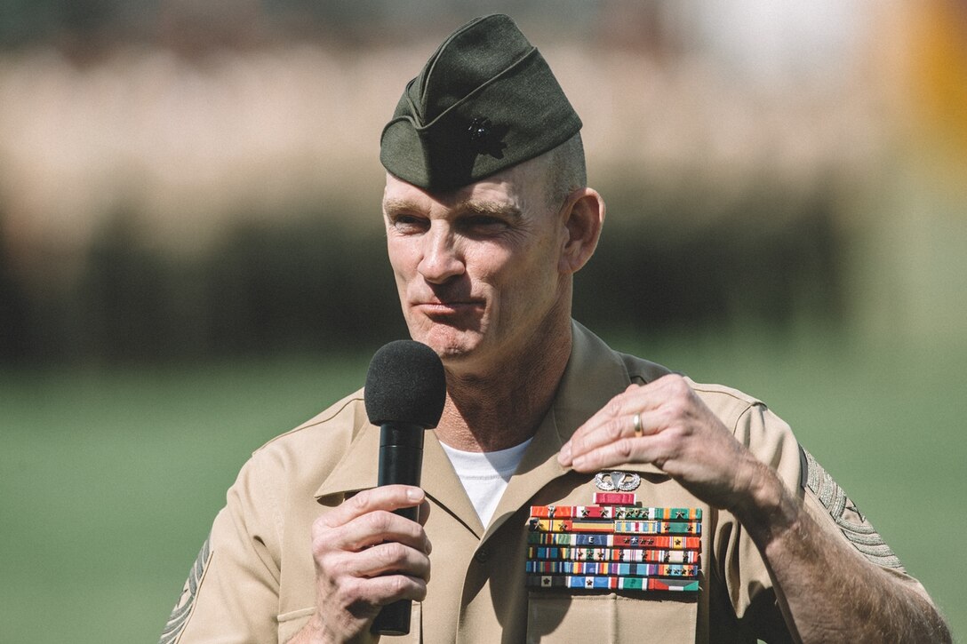 U.S. Marine Sgt. Maj Troy E. Black addresses Marines, Sailors and guests during the 1st MLG Relief and Appointment Ceremony aboard Camp Pendleton, Calif., April 7, 2017. Black spoke about his experiences with the 1st MLG and thanked various individuals that guided him to where he is today.  Black was the 1st MLG sergeant major. (U.S. Marine Corps Photo by Sgt. Zabolotniy, Camp Pendleton/Released)