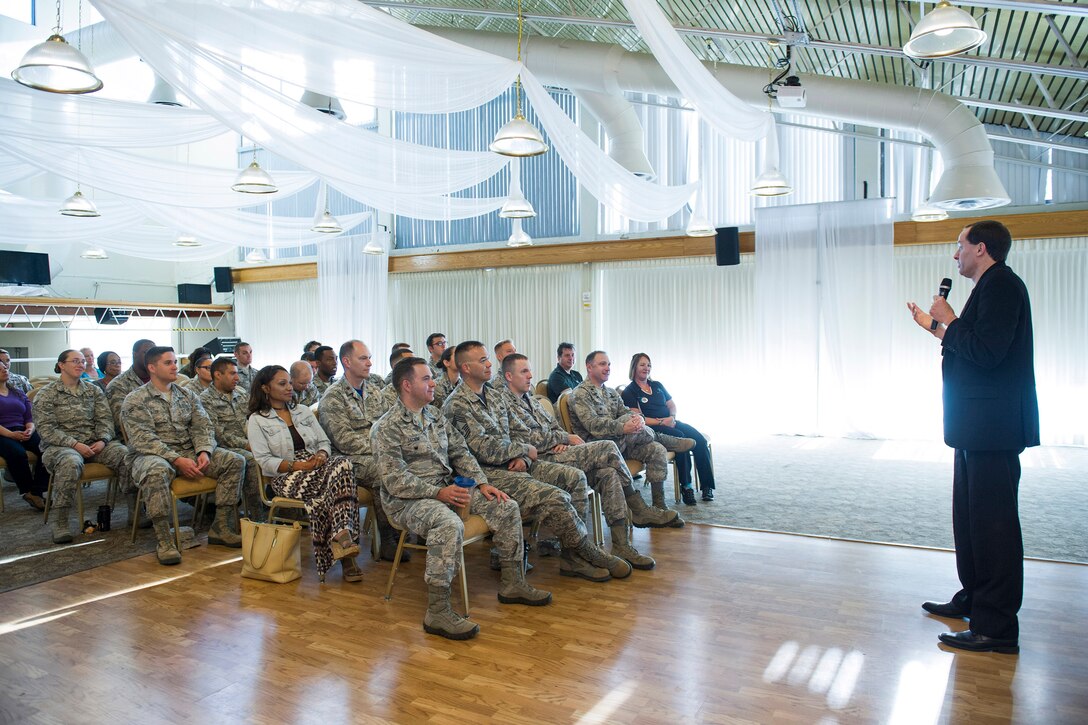 Mike Domitrz, founder of the Date Safe Project and guest speaker, engages in conversation with Airmen about sexual assault awareness, the importance of respect and communication in a relationship, dating and intimacy April 7, 2017, at Patrick Air Force Base, Fla. The event was arranged by the sexual assault response coordinator to increase awareness during Sexual Assault Awareness Month, which is observed in April. (U.S. Air Force photo by Phil Sunkel)