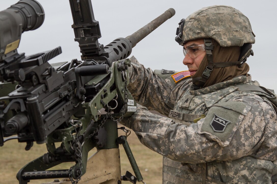 US Army Reserve Sgt. Gregory Crespin, a wheeled vehicle mechanic with the 277th Quartermaster Company, 76th Operational Response Command, makes adjustments to an M2 .50 caliber machine gun in preparation for qualification as part Operation Cold Steel at Fort McCoy, Wis., April 2, 2017. The 76th ORC is the Army Reserve’s center for Defense Support of Civil Authorities, coordinating support to state and local officials, first responders and other federal agencies during emergencies or natural disasters. Operation Cold Steel is the U.S. Army Reserve’s crew-served weapons qualification and validation exercise to ensure that America’s Army Reserve units and Soldiers are trained and ready to deploy on short-notice and bring combat-ready, lethal firepower in support of the Army and our joint partners anywhere in the world. (U.S. Army Reserve photo by Spc. Jeremiah Woods, 358th Public Affairs Detachment / Released)
