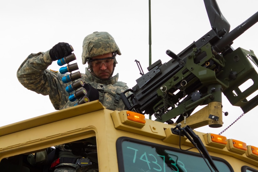 US Army Reserve Spc. Adam Paquet, a petroleum and supply specialist with the 277th Quartermaster Company, 377th Theater Sustainment Command, lifts rounds for a MK19 grenade launcher in preparation for qualification as part Operation Cold Steel at Fort McCoy, Wis., April 2, 2017. The 377th TSC is aligned with U.S. Southern Command, which oversees U.S. military interests in Latin America and the Caribbean. Operation Cold Steel is the U.S. Army Reserve’s crew-served weapons qualification and validation exercise to ensure that America’s Army Reserve units and Soldiers are trained and ready to deploy on short-notice and bring combat-ready, lethal firepower in support of the Army and our joint partners anywhere in the world. (U.S. Army Reserve photo by Spc. Jeremiah Woods, 358th Public Affairs Detachment / Released)