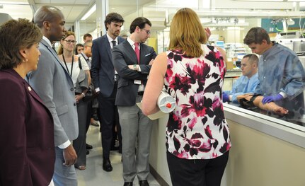 The 2017 Americas Competitiveness Exchange, or ACE, on innovation’s international delegation, hosted by the City of San Antonio, toured the Naval Medical Research Unit San Antonio at Joint Base San Antonio-Fort Sam Houston April 3 to learn about Navy medical research and possible collaboration opportunities. 