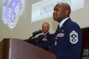 Chief Master Sgt Lyndon Tubbs, 94th Airlift Wing command chief, addresses a crowd of well-wishers attending his retirement ceremony held at Dobbins Air Reserve Base, Ga. April 2, 2017. Tubbs celebrated 33 years of successful military service. (U.S. Air Force photo/Don Peek)