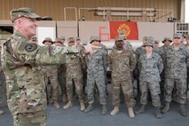 U.S. Air Force Vice Chief of Staff Gen. Stephen Wilson answers questions about Air Force policies and the direction the force is heading from deployed Airmen during his visit to the 407th Air Expeditionary Group April 8, 2017. The general visited several bases in the Central Command area of responsibility with Chief Master Sgt. of the Air Force Kaleth O. Wright. (U.S. Air Force photo/Master Sgt. Benjamin Wilson)(Released)