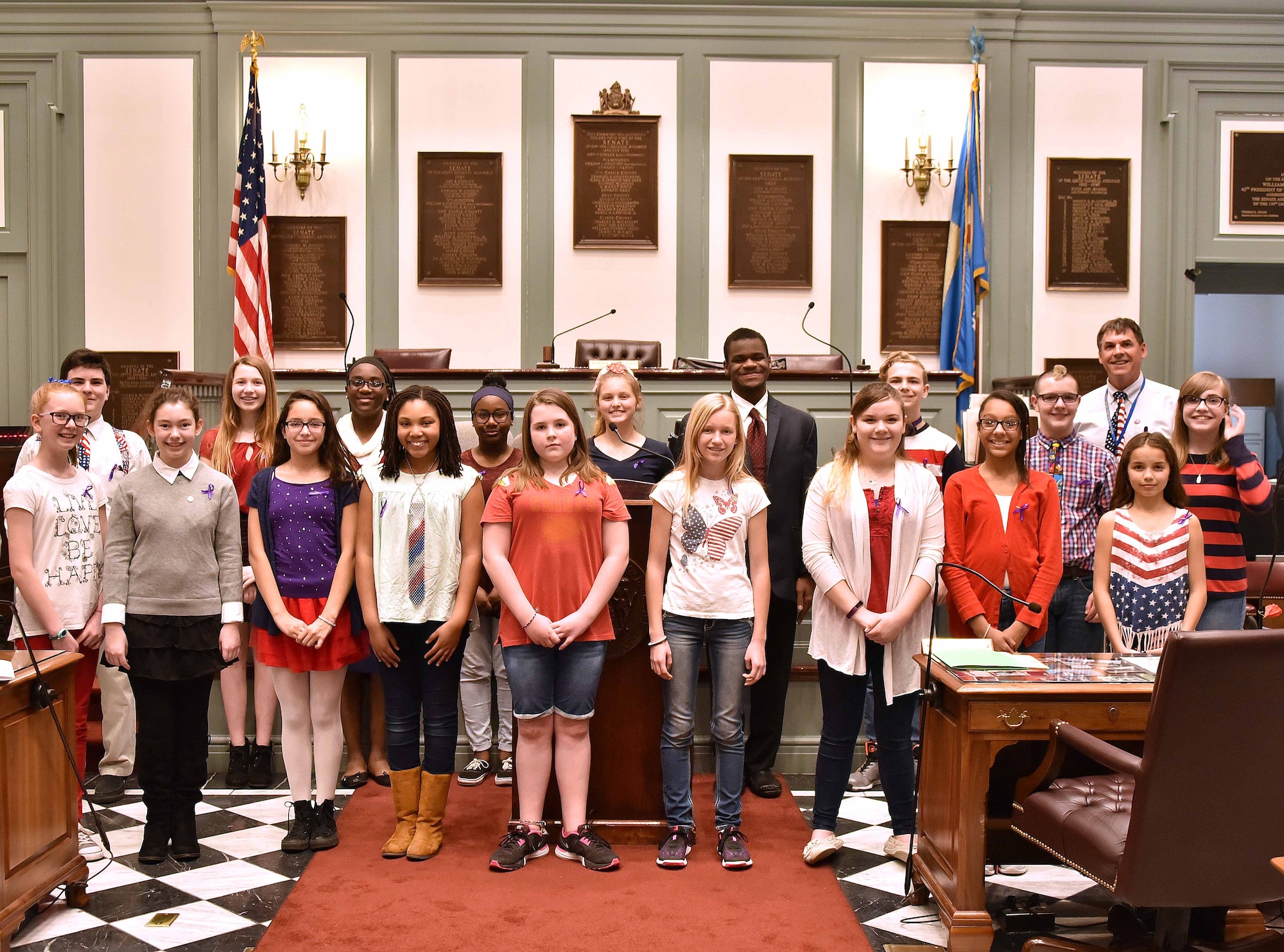 The Dover Air Force Base Middle School Chorus poses for a photo April 4, 2017, inside Legislative Hall in Dover, Del. April has been declared the Month of the Military Child across the state. (Courtesy photo/David Chambers)