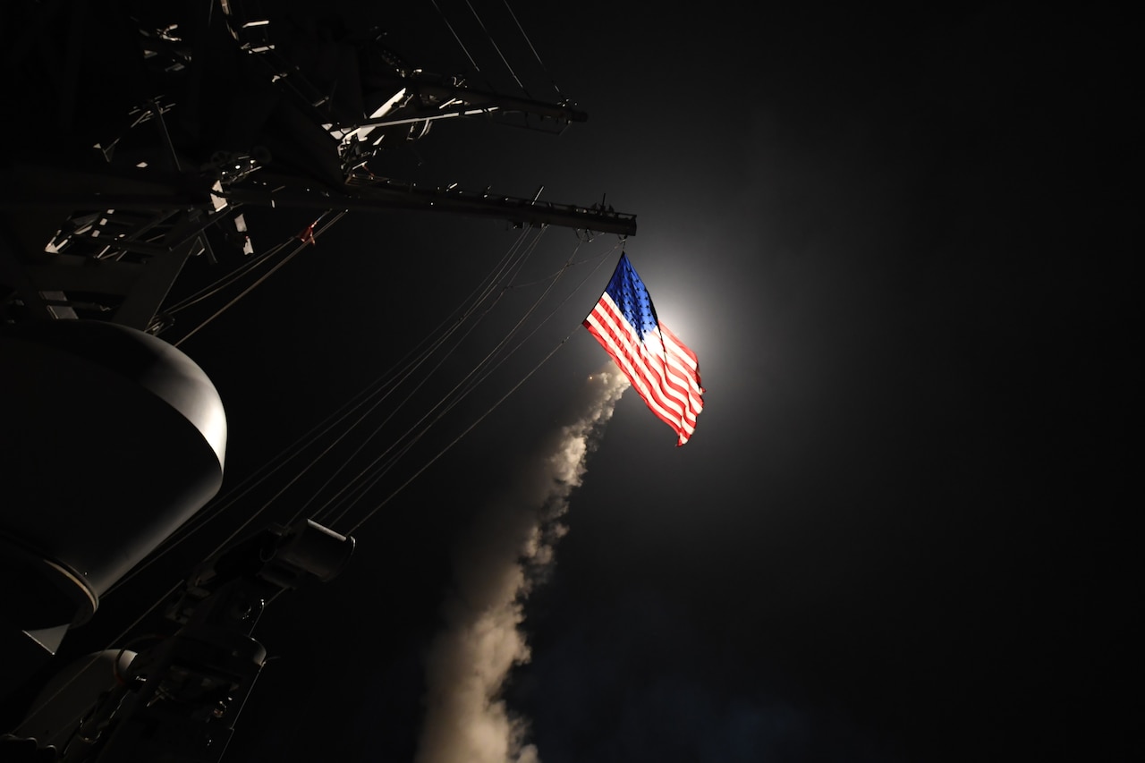 The guided missile destroyer USS Porter conducts strike operations against a target in Syria while in the Mediterranean Sea, April 7, 2017. The Porter conducted naval operations in the U.S. 6th Fleet area of operations in support of U.S. national security interests. Navy photo by Petty Officer 3rd Class Ford Williams