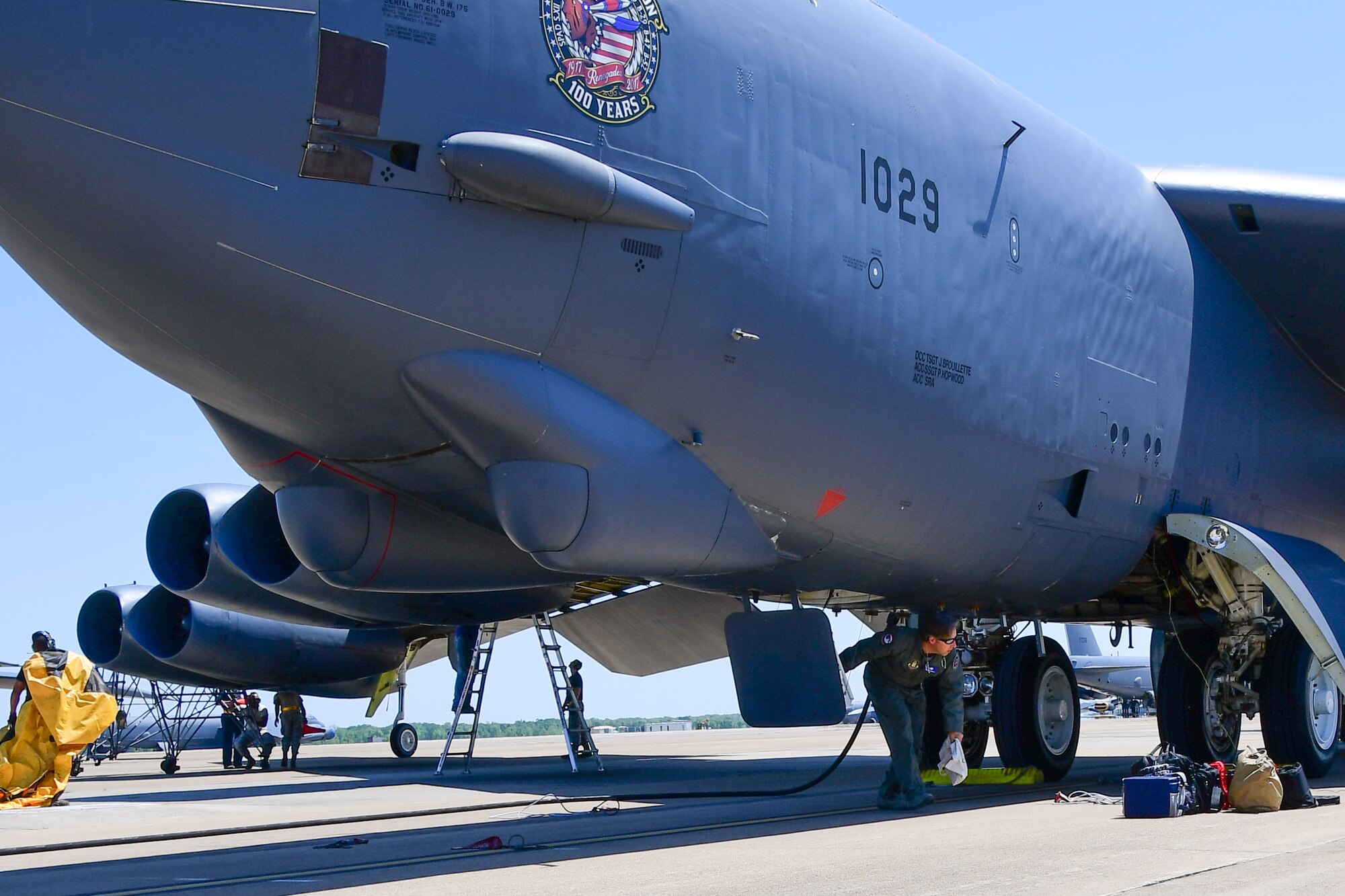 Barry Regula, 93rd Bomb Squadron honorary commander, steps off of a B-52 Stratofortress after his flight April 7, 2017 at Barksdale Air Force Base, La. Regula, who is also the General Manager of the Margaritaville Resort and Casino, Bossier City, La., took the flight to get a first-hand experience of what the B-52 aircrew complete their mission. (U.S. Air Force photo by Master Sgt. Dachelle Melville/Released)