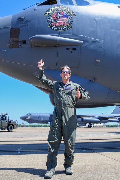 Barry Regula, 93rd Bomb Squadron honorary commander, gives the thumbs up after his first flight on a B-52 Stratofortress April 7, 2017 at Barksdale Air Force Base, La. The Honorary Commanders Program fosters continued understanding, public support and positive employer relationships for the 307th Bomb Wing and the Air Force Reserve mission. (U.S. Air Force photo by Master Sgt. Dachelle Melville/Released)