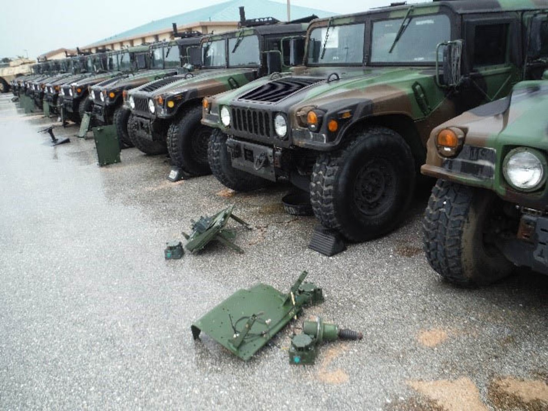 Guam staff members are receiving 35 M-series Humvees from the 368 Military Police Battalion to complete the turn-in process. 