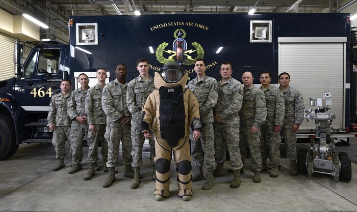 The 35th Civil Engineer Squadron Explosive Ordnance Disposal flight pause for a group photo at Misawa Air Force Base, Japan, April 3, 2017. The EOD flight received the Senior Master Sgt. Gerald J. Stryzak Award. The annual award recognizes the EOD flight that distinguished itself as the year's top performer through sustained superior mission support and outstanding achievement.