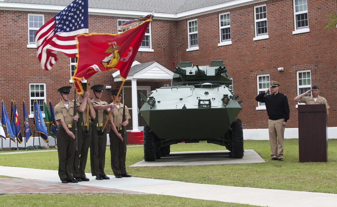 Color guard Marines with 2nd Light Armored Reconnaissance Battalion, 2nd Marine Division perform during a memorial ceremony at Camp Lejeune, N.C., April 7, 2017. The ceremony honored fallen Marines as well as families and friends of the 2nd LAR community. (U.S. Marine Corps photo by Lance Cpl. Raul Torres)