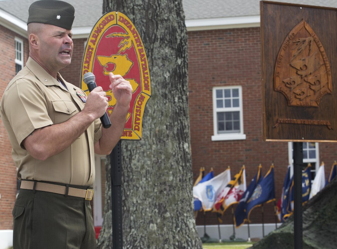 Lt. Col. Mark Liston, the battalion commander of 2nd Light Armored Reconnaissance Battalion, 2nd Marine Division gives a speech during a memorial ceremony at Camp Lejeune, N.C., April 7, 2017. The ceremony honored fallen Marines as well as families and friends of the 2nd LAR community. (U.S. Marine Corps photo by Lance Cpl. Raul Torres)