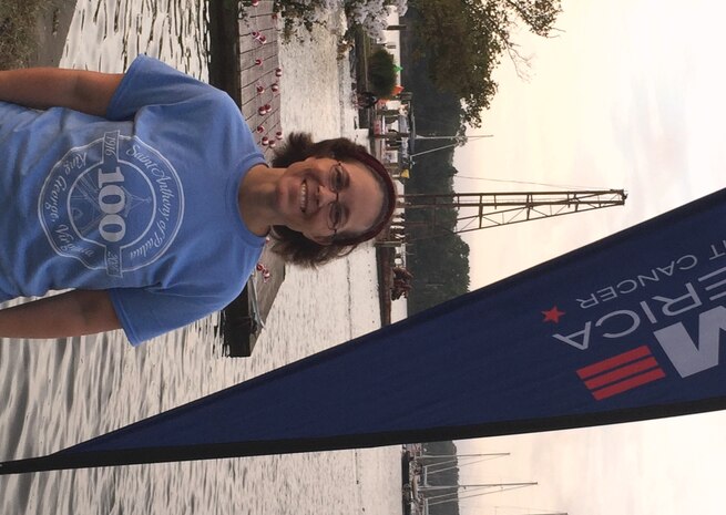 BALTIMORE, Md. (Sept. 18, 2016) - Karen Wingeart - the 2016 Naval Sea Systems Command (NAVSEA) Women Moving Forward Award winner - is pictured at Swim Across America where she swam to raise funds in support of the fight against cancer. NAVSEA Commander Vice Adm. Thomas Moore announced Wingeart as the award winner in an April 2017 communiqué to NAVSEA employees based at Navy warfare centers and shipyards across the country. The Women Moving Forward award recognizes the contributions of individuals who promote equal opportunity in the workforce and continually make significant positive impacts to the command's mission and readiness. Wingeart - the Navy's expert on Cooperative Engagement Capability systems for Ship Self-Defense Systems - has been a part of the Swim Across America Open water Swim in Baltimore for five years.