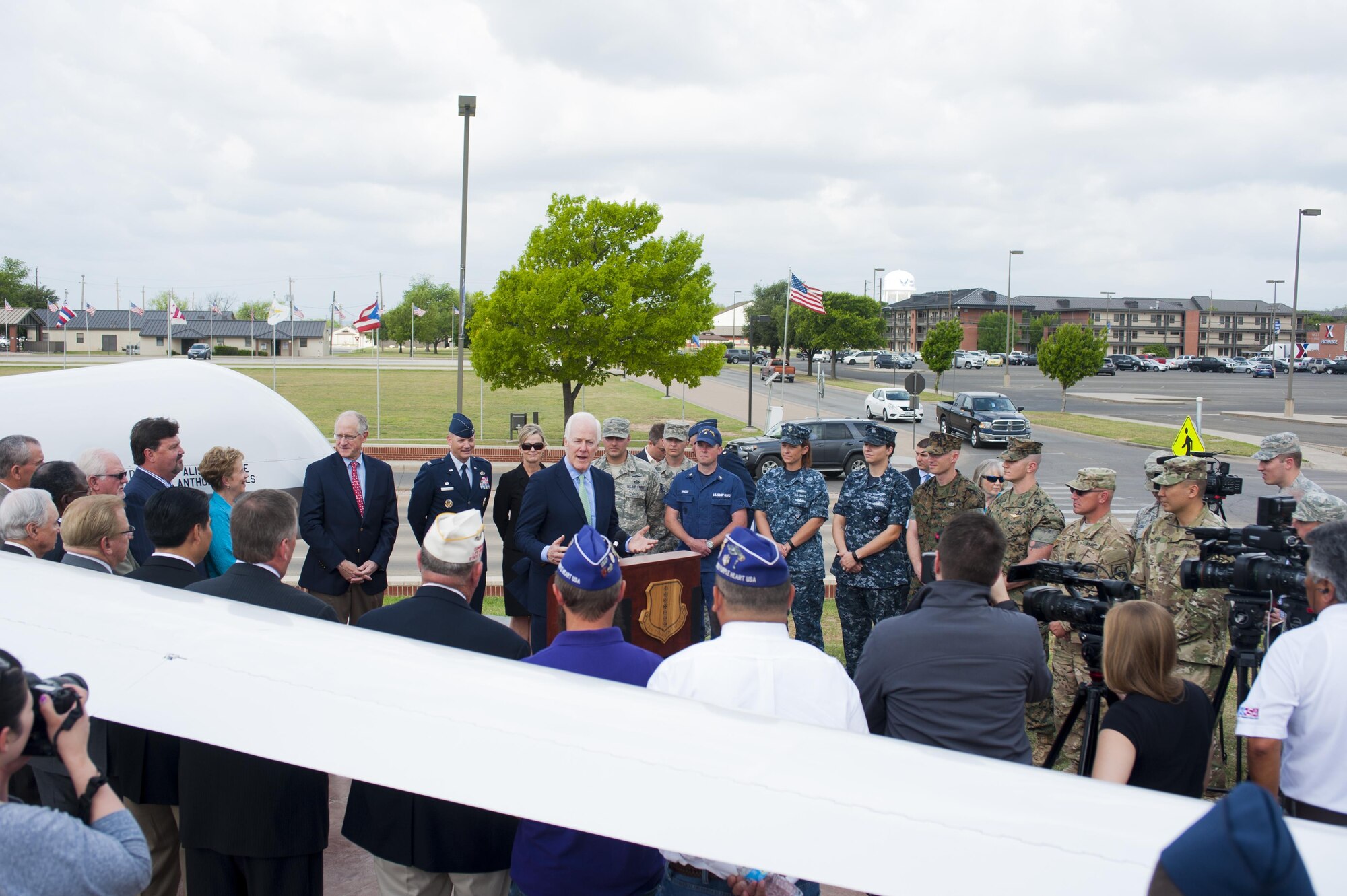 Sen. John Cornyn III, Senate Majority Whip for the 115th Congress, attends a P4-Initiative meeting with San Angelo leaders at the Norma Brown building on Goodfellow Air Force Base, Texas, April 10, 2017. San Angelo leaders briefed Cornyn on the functions that link the base and local community, from hospital logistics to firefighter training. (U.S. Air Force photo by Russell Stewart/Released)