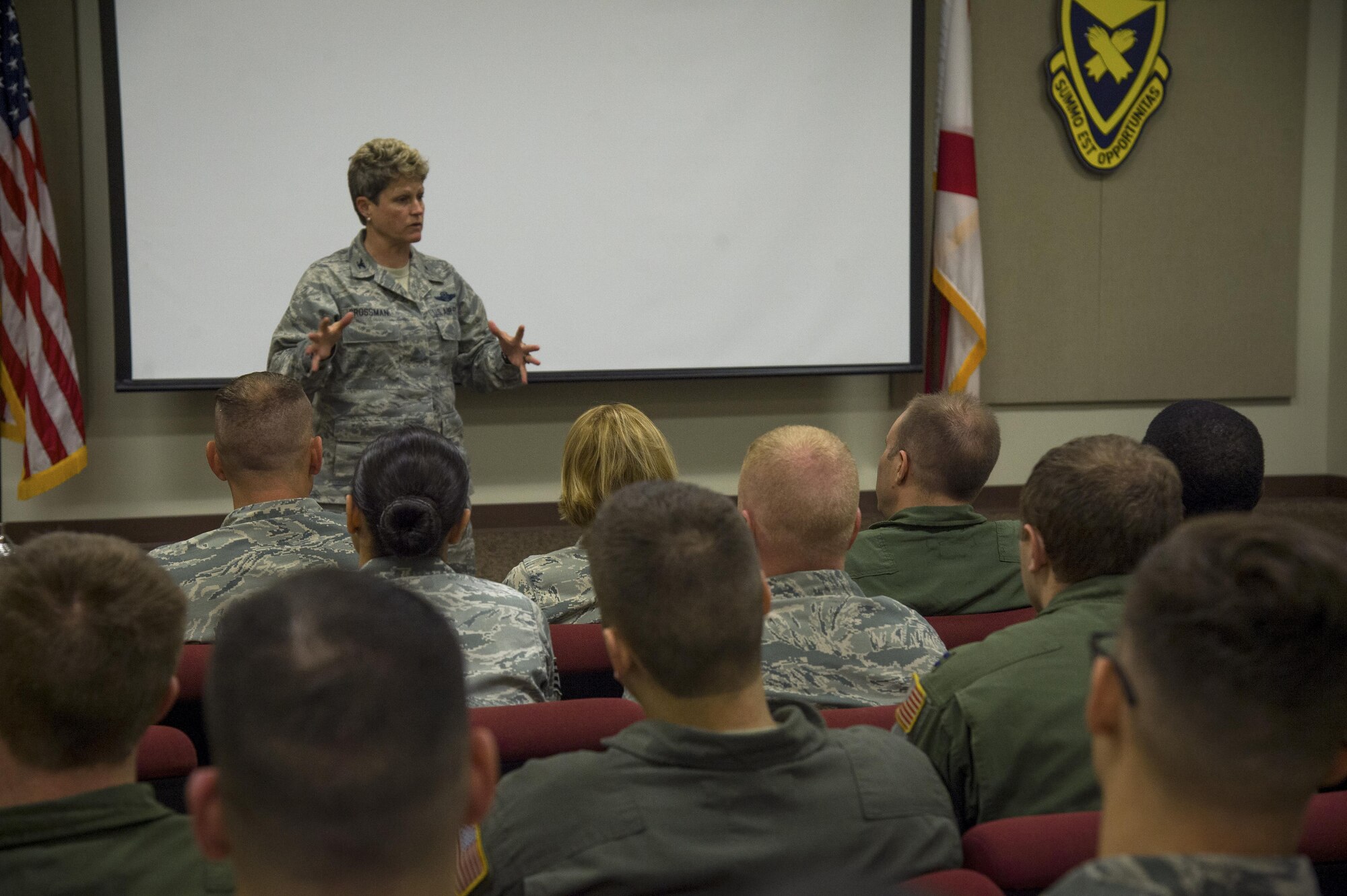 U.S. Air Force Col. Jennifer Crossman, vice commander of the 6th Air Mobility Wing, talks to the Airmen of the 99th Air Refueling Squadron during a commander’s call at Birmingham Air National Guard Base, Ala., April 4, 2017. The 99th ARS is a geographically separated flying squadron attached to the 6th AMW at MacDill Air Force Base, Fla.