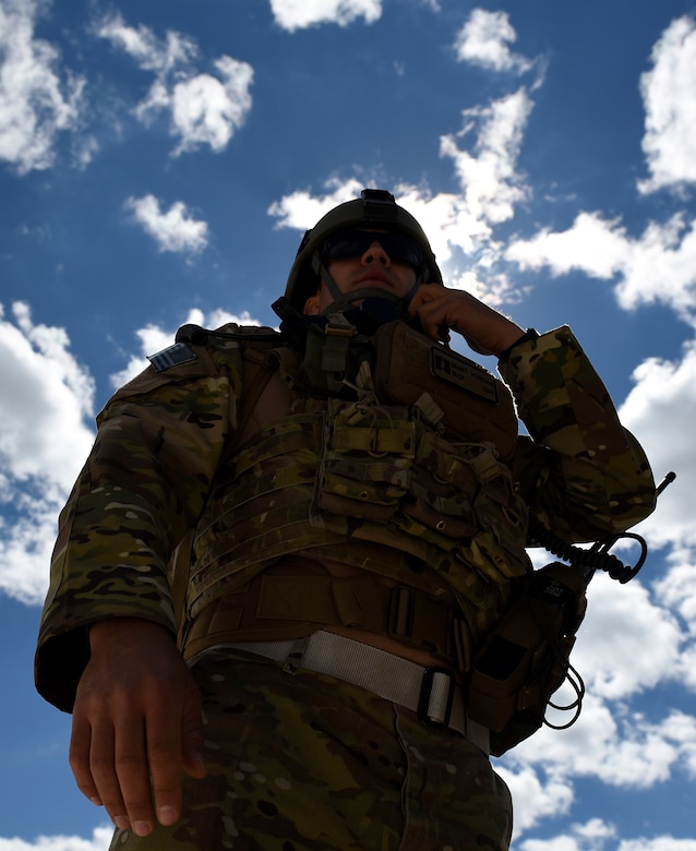 Capt. Grant McIntire, 14th Air Support Operations Squadron tactical air control party, listens to communications during exercise Razor Talon, April 7, 2017, at Atlantic Field Marine Corps Outlying Field, North Carolina. Razor Talon is a low-cost, large-force training exercise for joint East Coast tactical and support aviation units. (U.S. Air Force photo by Airman 1st Class Kenneth Boyton)