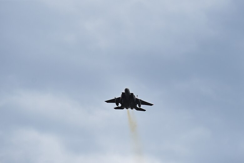 An F-15E Strike Eagle participates in exercise Razor Talon, April 7, 2017, at Atlantic Field Marine Corps Outlying Field, North Carolina. The aircraft participated in the monthly exercise that allows service members unique opportunities to combine land, air and sea forces from all service branches in a realistic training environment. (U.S. Air Force photo by Airman 1st Class Kenneth Boyton)