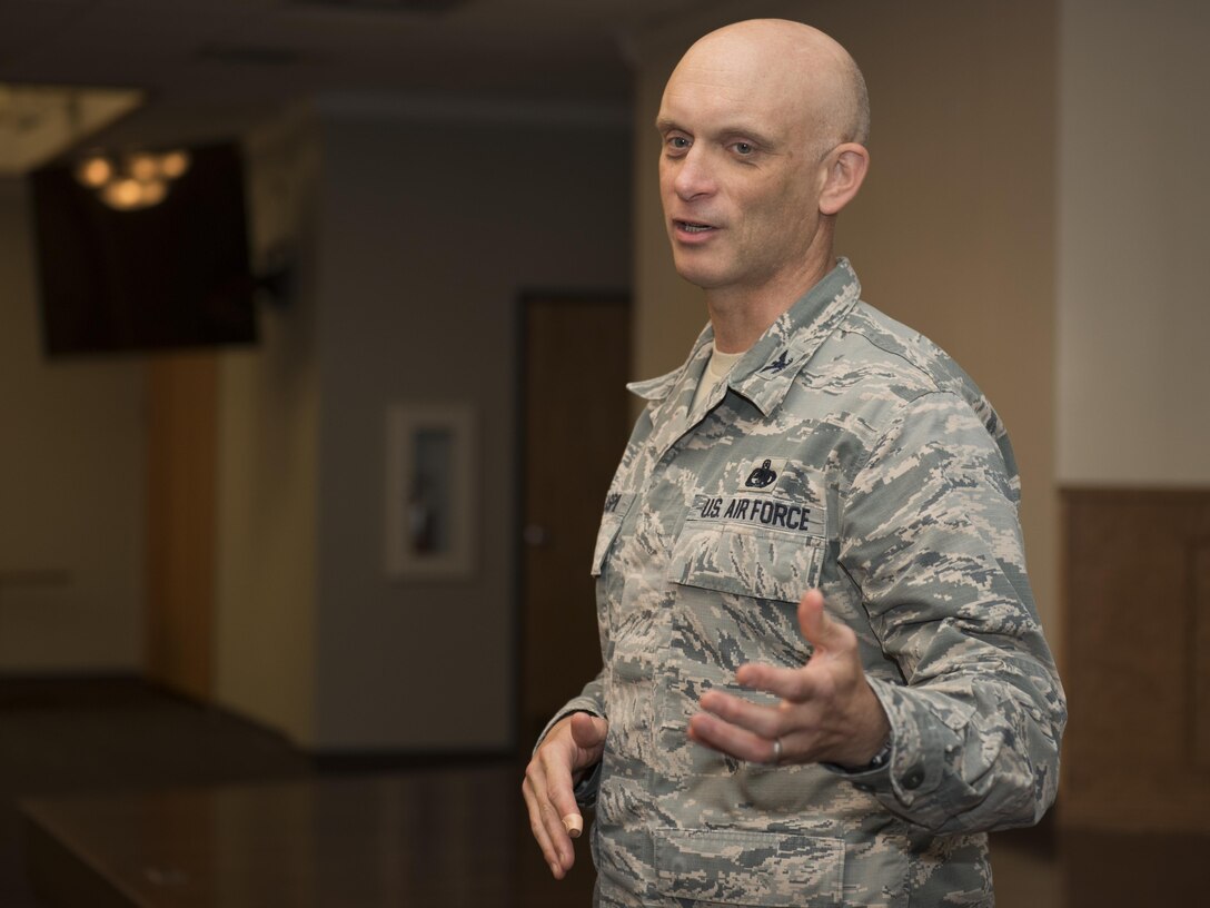 Chief Master Sgt. Joseph Pritchard, 82nd Training Wing command chief, listens to guest speakers share their stories during the Annual Air Force Assistance Fund kickoff breakfast at Sheppard Air Force Base, Texas, April 10, 2017. The contributions made to the AFAF Campaign help Airmen, families and retirees by providing services such as support for emergency needs, educational assistance and family support to include comfort to Air Force widows. (U.S. Air Force photo by Staff Sgt. Kyle E. Gese)