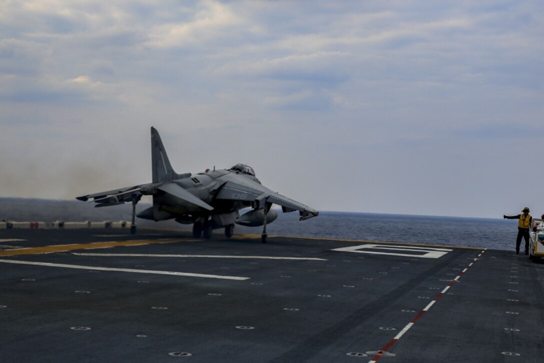 An AV-8B Harrier belonging to Marine Attack Squadron 311, 31st Marine Expeditionary Unit takes off the flight deck of the USS Bonhomme Richard (LHD 6), in the Pacific Ocean, March 9, 2017. Marines and Sailors of the 31st MEU embarked aboard the USS Bonhomme Richard (LHD 6), part of the Bonhomme Richard Amphibious Readiness Group, as part of their annual spring patrol of the Indo-Asia-Pacific region. The 31st MEU, embarked on the amphibious ships of the Expeditionary Strike Group 7, has the capability to respond to any crisis or contingency at a moment’s notice. (U.S. Marine Corps photo by Cpl. Jona R. Meme) 