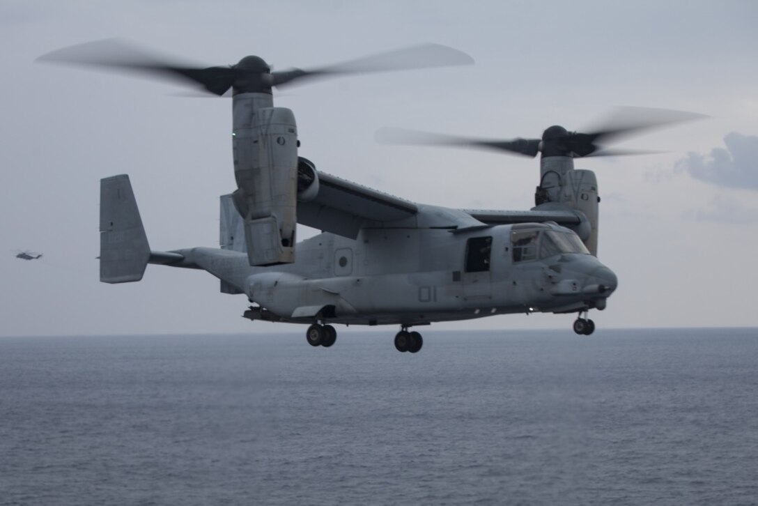 An MV-22B Osprey with Marine Medium Tiltrotor 262 (Reinforced), 31st Marine Expeditionary Unit flies during flight operations aboard the USS Bonhomme Richard (LHD 6), Pacific Ocean, March 10, 2017. Marines and Sailors of the 31st MEU embarked aboard the USS Bonhomme Richard (LHD 6), part of the Bonhomme Richard Amphibious Readiness Group, as part of their annual spring patrol of the Indo-Asia-Pacific region. The 31st MEU, embarked on the amphibious ships of the Expeditionary Strike Group 7, has the capability to respond to any crisis or contingency at a moment’s notice. (U.S. Marine Corps photo by Lance Cpl. Amy Phan) 