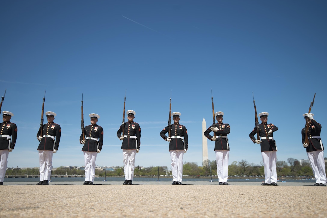 The U.S. Marine Corps Silent Drill Platoon competes during the Joint Service Drill Team Exhibition in Washington, D.C., April 8, 2017, as part of the National Cherry Blossom Festival. Air National Guard photo by Staff Sgt. Christopher S. Muncy
