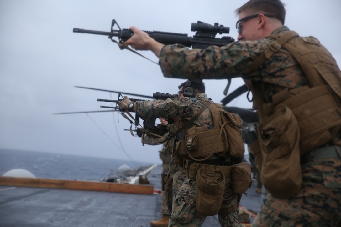 U.S. Marines with Combat Logistics Battalion 31, 31st Marine Expeditionary Unit (MEU) conduct marksmanship training during a deck shoot aboard the USS Bonhomme Richard (LHD 6), in the Pacific Ocean, March 14, 2017. Marines with CLB-31, 31st MEU underwent combat marksmanship training as a part of the 31st MEU’s 17.1 Spring Patrol of the Asia-Pacific region. As the Marine Corps’ only continuously forward deployed unit, the 31st MEU’s air-ground-logistics team provides a flexible force, ready to perform a wide range of military operations, from limited combat to humanitarian assistance operations, throughout the Asia-Pacific region. (U.S. Marine Corps photo by Sgt. Tiffany Edwards) 