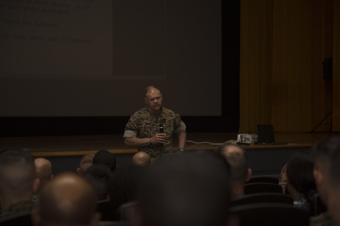 Commandant of the Marine Corps, Gen. Robert B. Neller, addresses social media conduct and the importance of respecting fellow Marines during a heart-to-heart discussion at Camp Schwab, Okinawa, April 4, 2017. (U.S. Marine Corps photo by Sgt. Laura Gauna)