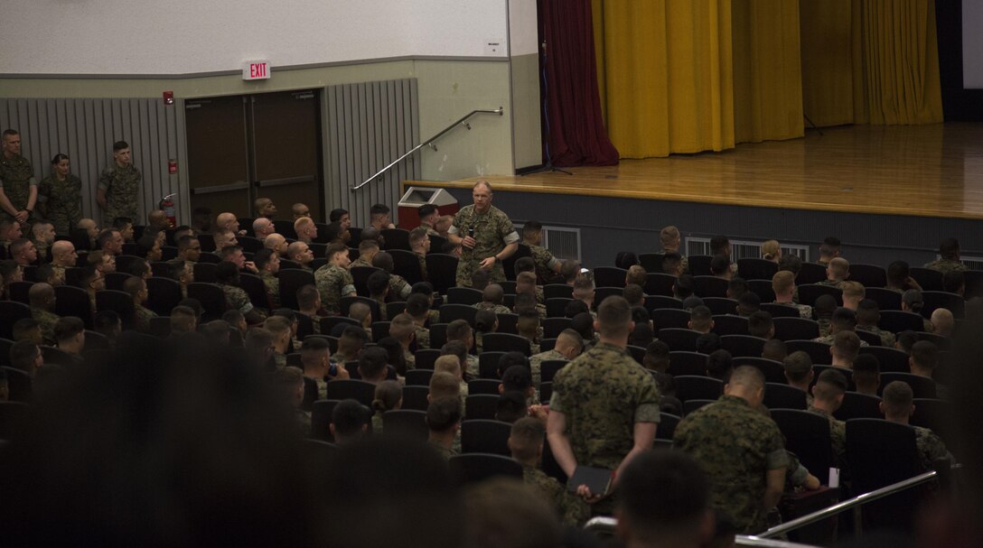 Commandant of the Marine Corps, Gen. Robert B. Neller, addresses social media conduct and the importance of respecting fellow Marines during a heart-to-heart discussion at Camp Schwab, Okinawa, April 4, 2017. (U.S. Marine Corps photo by Sgt. Laura Gauna)