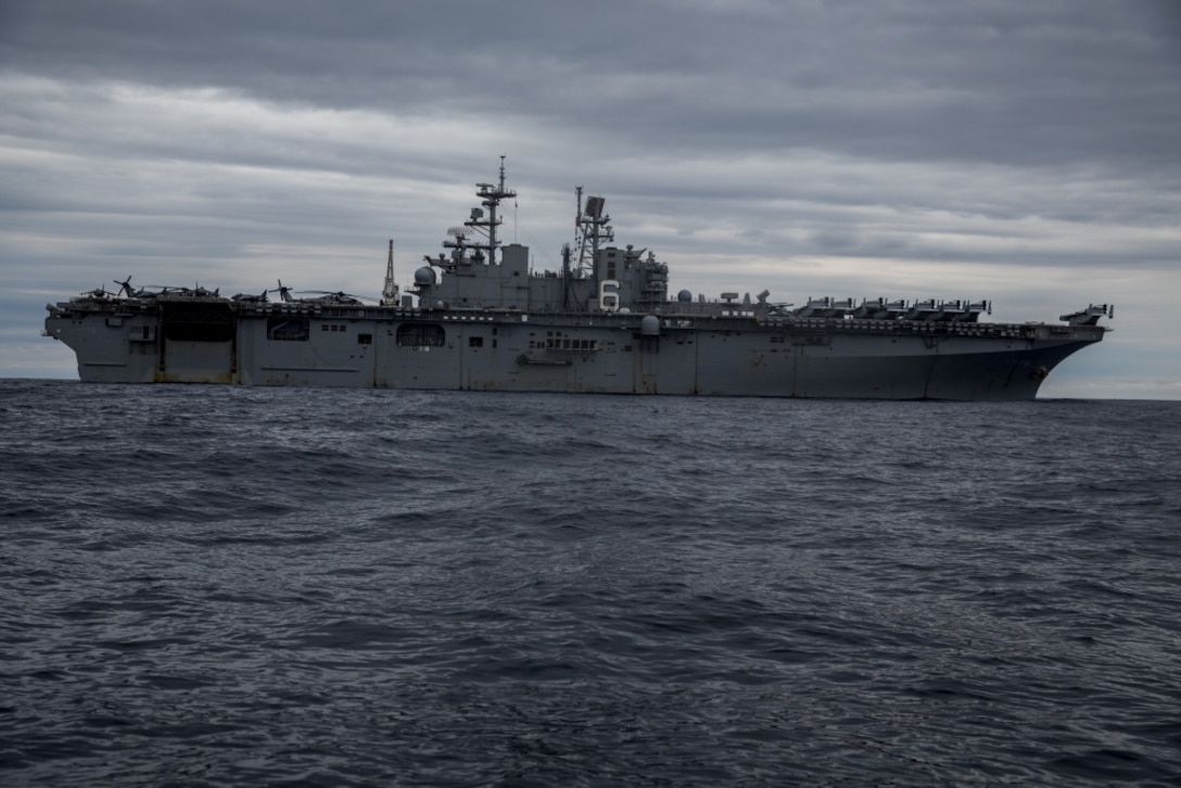 The USS Bonhomme Richard (LHD 6), sails in the Pacific Ocean, March 19, 2017. Marines and Sailors of the 31st Marine Expeditionary Unit embarked aboard the ships of the Bonhomme Richard Amphibious Ready Group as part their 17.1 Spring Patrol of the Asia-Pacific region. As the Marine Corps’ only continuously forward deployed unit, the 31st MEU’s air-ground-logistics team provides a flexible force, ready to perform a wide range of military operations, from limited combat to humanitarian assistance operations, throughout the Asia-Pacific region. (U.S. Marine Corps photo by Cpl. Jona R. Meme/Released) 