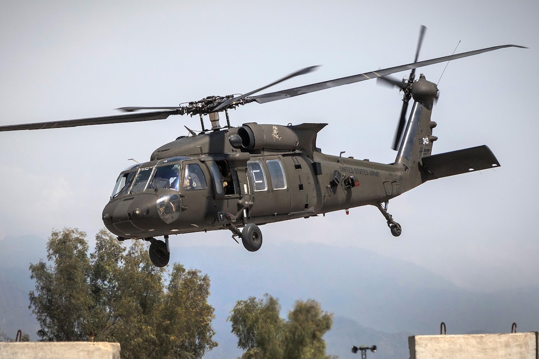 An Army UH-60 Black Hawk helicopter prepares to land at Jalalabad, Afghanistan, April 5, 2017. Army photo by Capt. Brian Harris