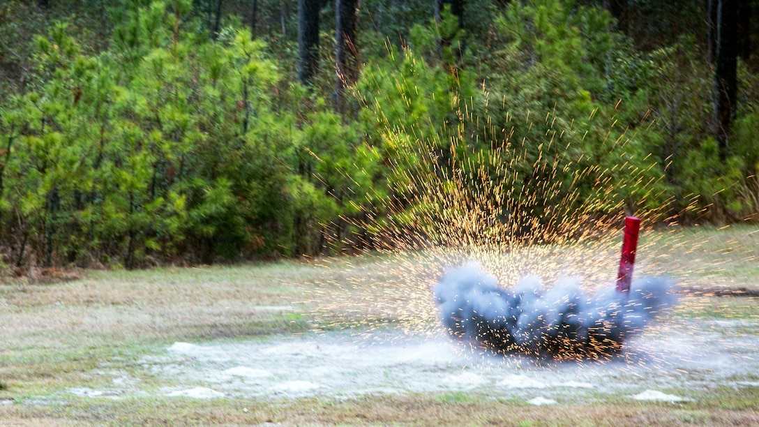 An M67 fragmentation grenade explodes after being thrown by a Marine during a grenade range at Marine Corps Base Camp Lejeune, N.C., March 31, 2017. The training built Marines’ confidence in employing the weapon system prior to starting their pre-deployment package for the 26th Marine Expeditionary Unit. The Marines are with 2nd Reconnaissance Battalion. 