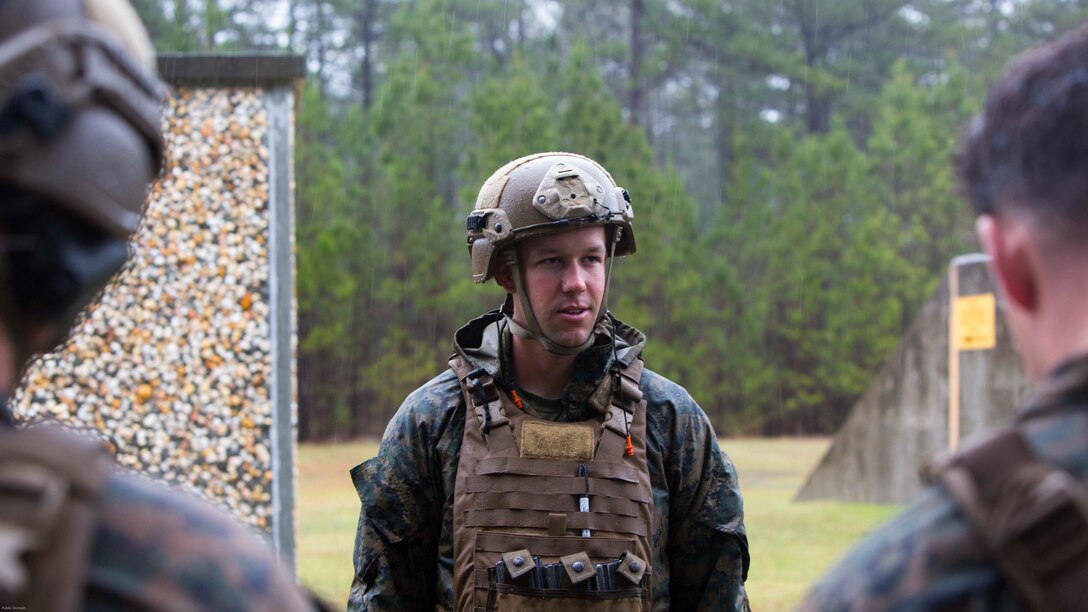 Capt. Aaron D. Foote briefs the Marines after a grenade range at Marine Corps Base Camp Lejeune, N.C., March 31, 2017. The training built Marines’ confidence in employing the M67 fragmentation grenade pre-deployment package to starting their workup for the 26th Marine Expeditionary Unit. Foote is a platoon commander with 2nd Reconnaissance Battalion. 