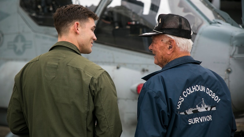 Donald Irwin, a U.S. Navy veteran of World War II, shakes 1st Lt. Lauren Campbell’s hand, April 7, 2017, on Marine Corps Air Station Futenma, Okinawa, Japan. Irwin, who served aboard a number of ships during World War II, fought at Midway and Guadalcanal and survived the sinking of the USS Colhoun during the Battle of Okinawa. Irwin returned to Okinawa and exchanged stories with the Marines and Sailors stationed on the island. Irwin is a native of San Jose, California, and Campbell, a native of Redwood City, California, is a material control officer with Marine Medium Tiltrotor Squadron 265, Marine Aircraft Group 36, 1st Marine Aircraft Wing, III Marine Expeditionary Force.