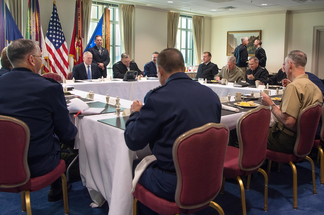 Defense Secretary Jim Mattis meets with military service chiefs and combatant commanders during Senior Leaders Week at the Pentagon, April 11, 2017. DoD photo by Army Sgt. Amber I. Smith