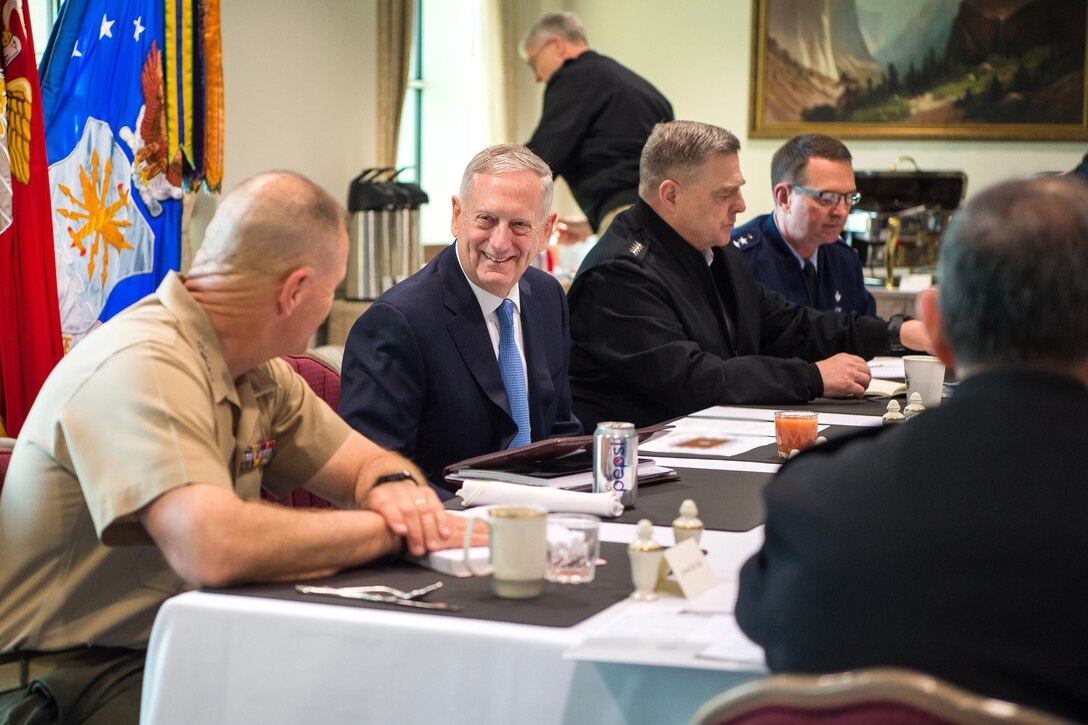 Defense Secretary Jim Mattis speaks with Marine Corps Commandant Gen. Robert B. Neller during Senior Leaders Week at the Pentagon, April 11, 2017. DoD photo by Army Sgt. Amber I. Smith