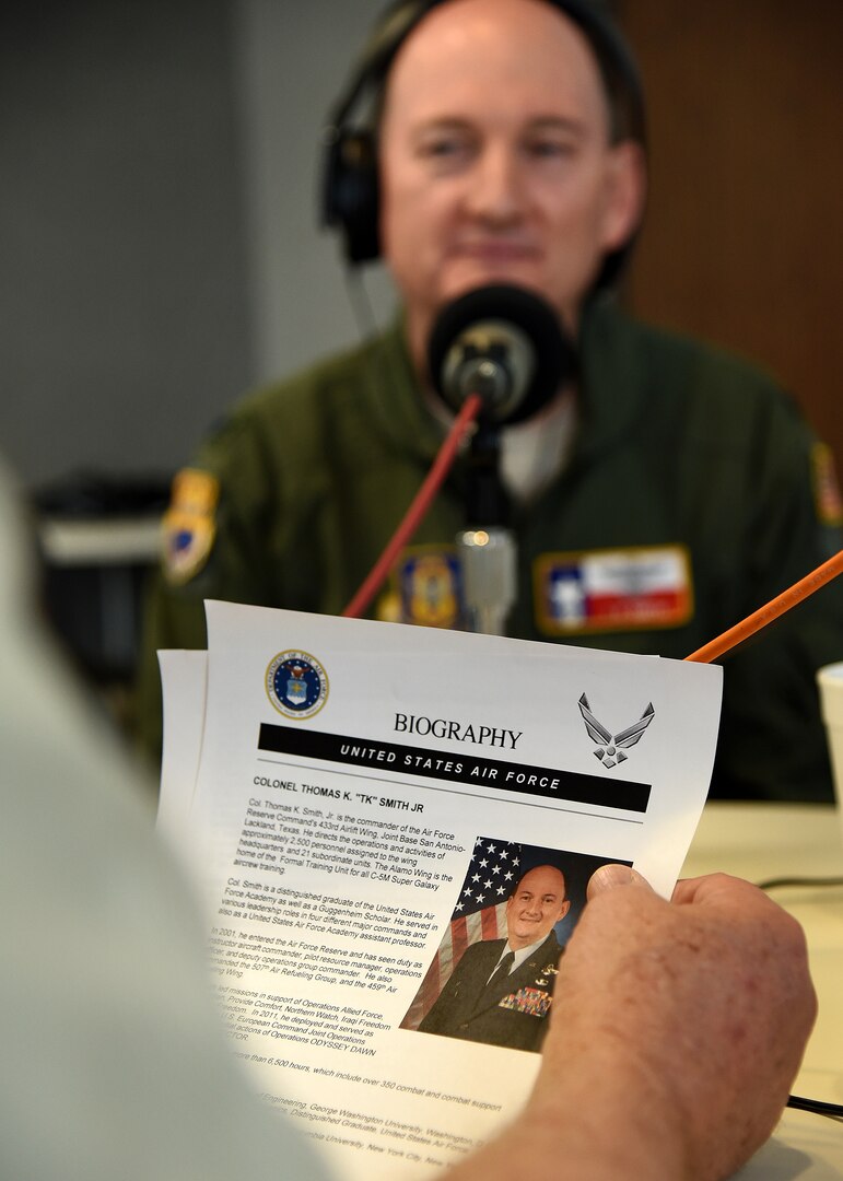 Col.Thomas K. Smith, Jr., 433rd Airlift Wing commander, prepares to answer a question on the San Antonio's Movers and Shakers radio program April 8, 2017 at the 930AM The Answer studios. The show is hosted by John Thurman, Heart of Texas Realty and Bjorn Dybdahl, Bjorns Audio Video. The program celebrates the education, business, civic, and public leaders who keep the entrepreneurial spirit alive in San Antonio. (U.S. Air Force photo by Benjamin Faske)