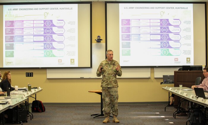 Col. John S. Hurley, Huntsville Center commander, unveiled his concept for a briefing chart that breaks down Huntsville Center's missions by portfolio at the start of day two of the Center's two-day strategic off-site March 23.