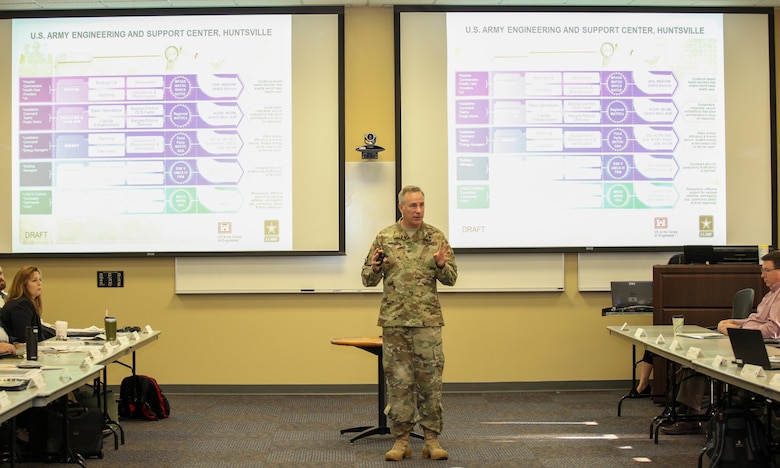 Col. John S. Hurley, Huntsville Center commander, unveiled his concept for a briefing chart that breaks down Huntsville Center's missions by portfolio at the start of day two of the Center's two-day strategic off-site March 23.