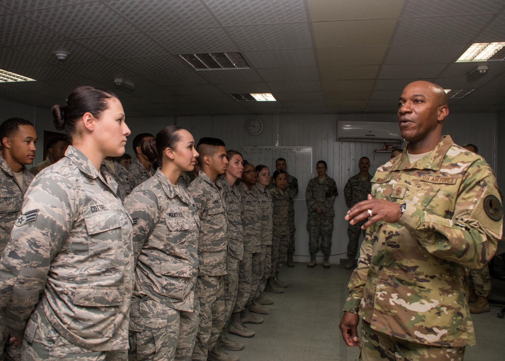 Chief Master Sergeant of the Air Force Kaleth O. Wright talks with Airmen from the 386th Air Expeditionary Wing force protection unit at an undisclosed location in Southwest Asia April 9, 2017. Wright and Gen. Stephen W. Wilson, Vice Chief of Staff of the U.S. Air Force, toured the base and visited various units after their all call. (U.S. Air Force photo/Staff Sgt. Andrew Park)
