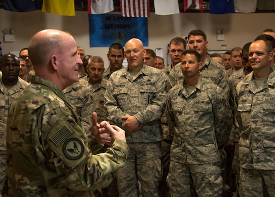 Gen. Stephen W. Wilson, Vice Chief of Staff of the U.S. Air Force, talks with Airmen from a 386th Air Expeditionary Wing aircraft maintenance unit at an undisclosed location in Southwest Asia April 9, 2017. After their all call, Wilson and Chief Master Sergeant of the Air Force Kaleth O. Wright visited several units around base to interact with Airmen in their workplace. (U.S. Air Force photo/Staff Sgt. Andrew Park)