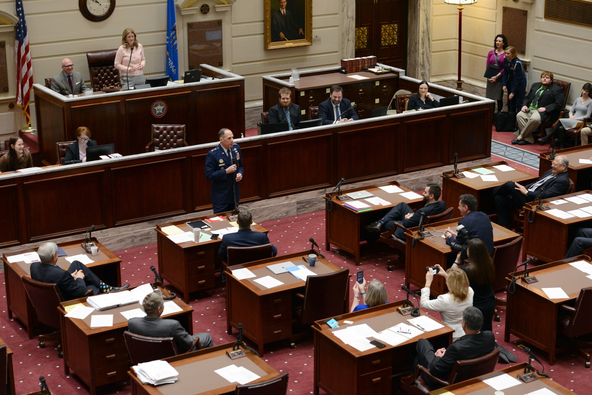 Lt. Gen. Lee K. Levy II, Air Force Sustainment Center Commander, addresses the Oklahoma State Senate March 30 at the capitol. He was at the capitol to accept proclamations honoring Tinker’s 75 years of supporting the warfighter. The general talked about the importance of education and science, technology, engineering and mathematics, stressing the vital role it plays in the nation’s security and national competitiveness. (Air Force photo by Kelly White)