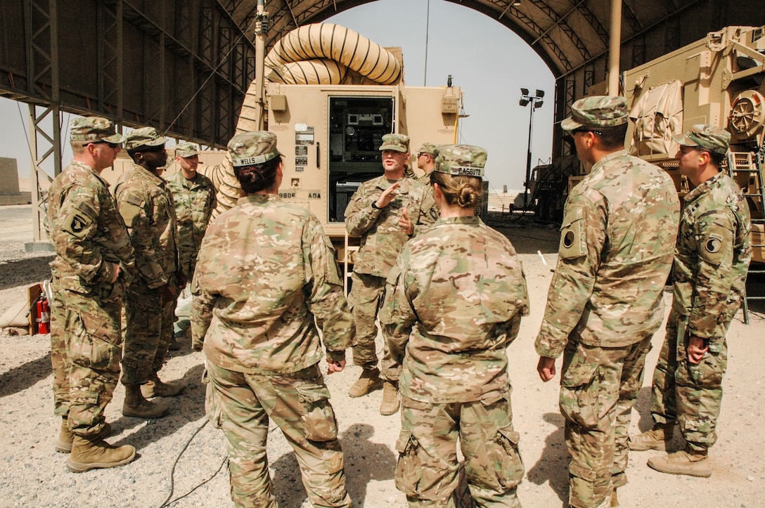 Soldiers of Task Force Spartan tour the Patriot Missile Air Defense site at Camp Buerhing, Kuwait April 8, 2017. Task Force Spartan personnel toured the site to obtain an on-the-ground assessment of Air Defense needs across the region. (Photo by Master Sergeant Sean McCollum, 29th Infantry Division Publc Affairs)