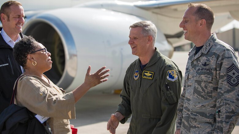 Jeff Denham, California congressman, and Marcia Fudge, Ohio congresswoman, are greeted by Col. Bryan Wolford, 31st Fighter Wing vice commander and Chief Master Sgt. Matthew Lusson, 31st Fighter Wing command chief, at Aviano Air Base, Italy, April 7, 2017. Nine state representatives visited the base to learn about the wing mission and daily operations. (U.S. Air Force photo by Senior Airman Cory W. Bush) 