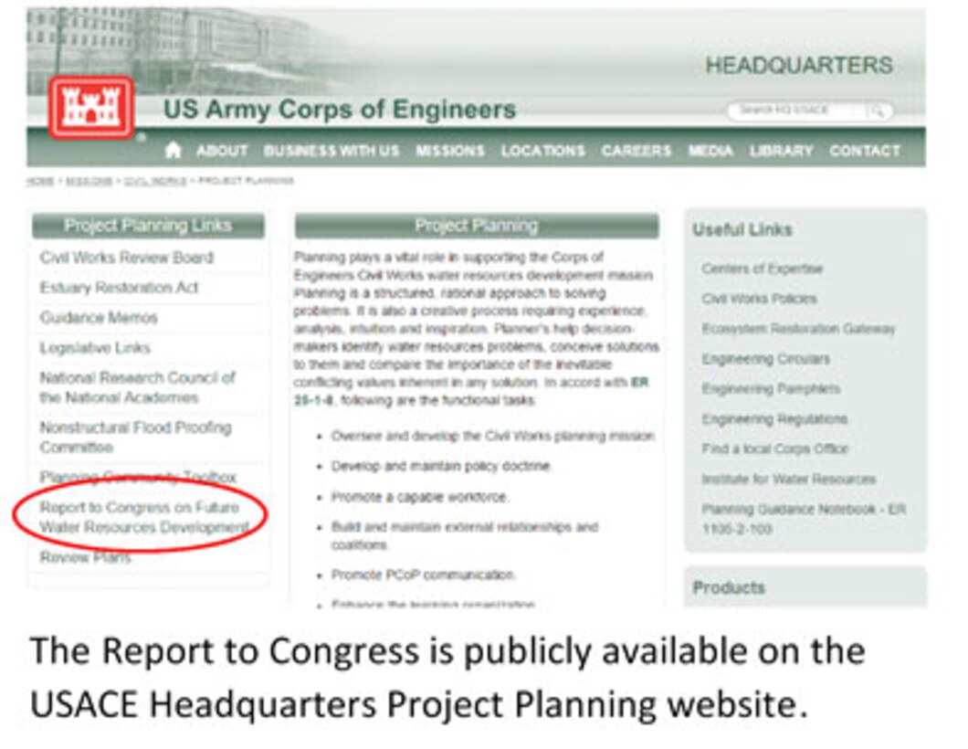 Report to Congress on Future Water Resources Development on Civil Works Planning Menu