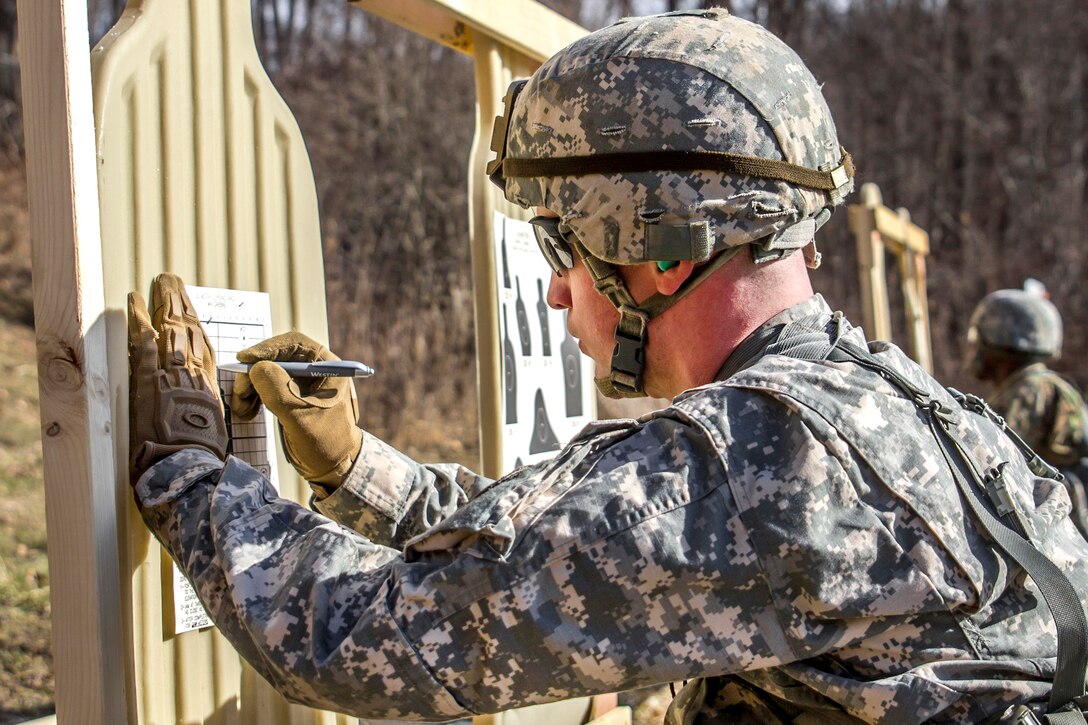New York Army National Guard Sgt. Zachary Smith checks his target during a weapon qualification event during the New York Army National Guard Best Warrior Competition at Camp Smith, New York, March 30, 2017. Army National Guard photo by Sgt. Harley Jelis 