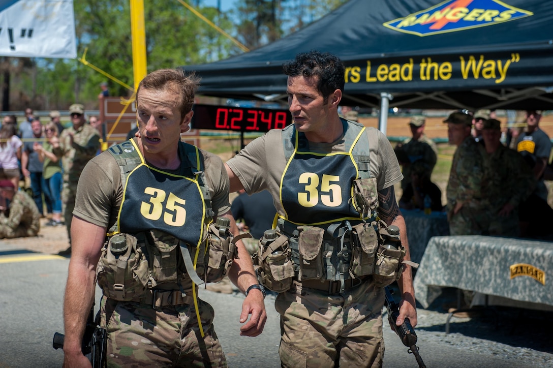 Capt. Michael Rose and Master Sgt. Josh Horsager of the 75th Ranger Regiment took first place in the 2017 Best Ranger competition, held at Fort Benning, Ga., April 7-9, 2017. The competition is designed to determine the best two-soldier Ranger team in the Army. Photo by Patrick A. Albright