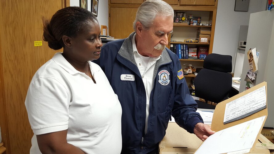 Doug Thomas and Stephanie Tolliver-Clarke, 97th Maintenance Directorate production controllers, inspect a drawing
of an aircraft part, April 29, 2017, Altus Air Force Base, Oklahoma. The local manufacture element facilitates the organic manufacture of aircraft parts needed for repairs and maintenance. (courtesy photo/ released)