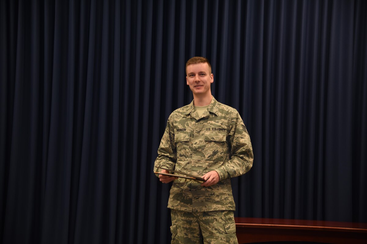 Sioux Falls, S.D. - Staff Sgt. Zac Hakinson, 114th Communication Flight commutation information technology specialist, addresses family and friends after receiving his college diploma from Dakota State University April 11, 2017, Joe Foss Field, S.D. Hakinson received his diploma prior to deploying for a Reserve Component Period. (U.S. Air National Guard photo by Staff Sgt. Duane Duimstra/Released)