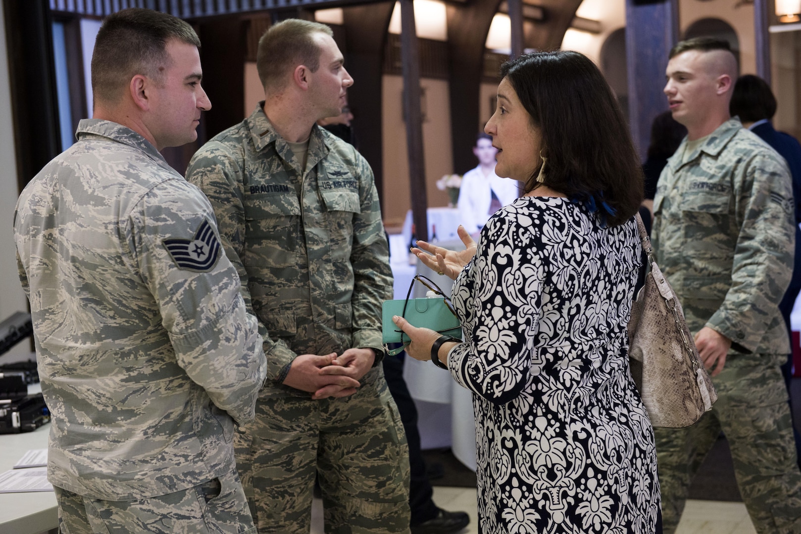 Members of the 5th Combat Communications Squadron speak to local community leaders during the 24th Air Force Community Open House April 6 on Port San Antonio, Texas. The 5th CCG is responsible for providing rapid deployment of communications and cyber capabilities to contested environments.